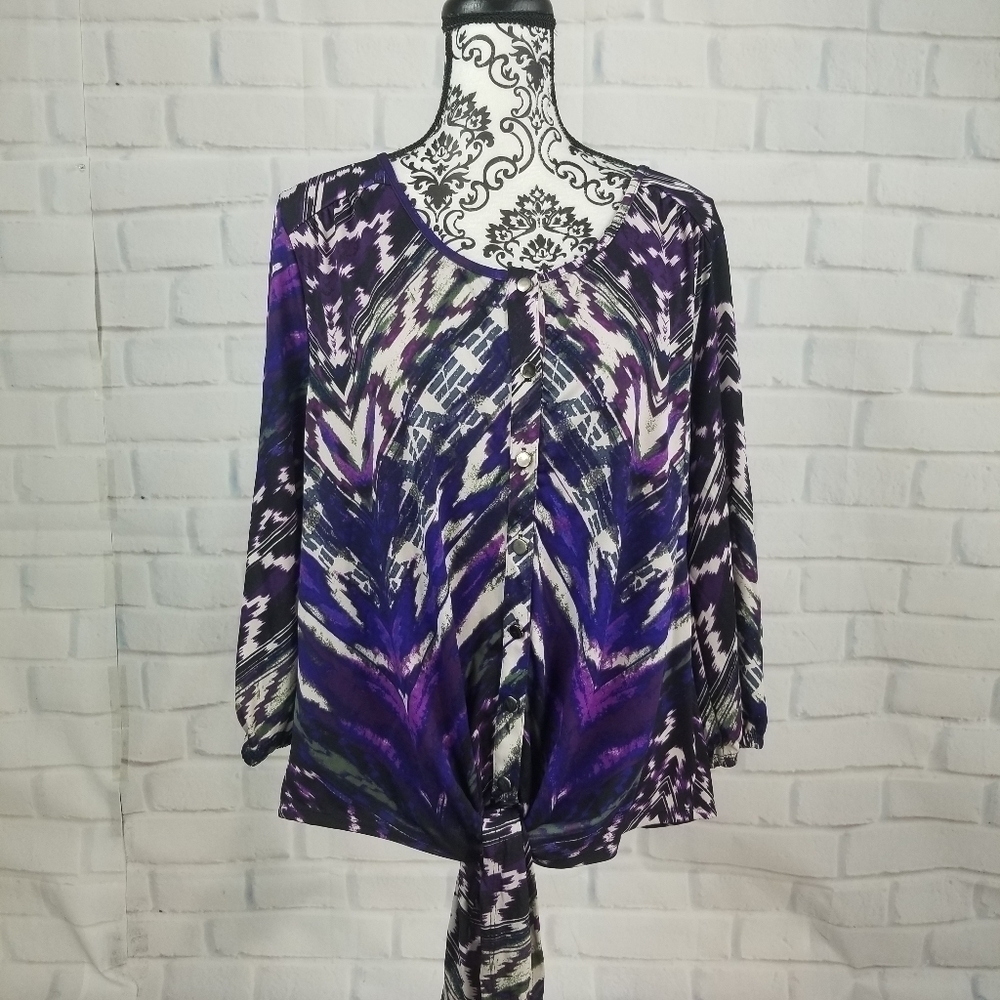 Elementz stretch knit geo print top tie front